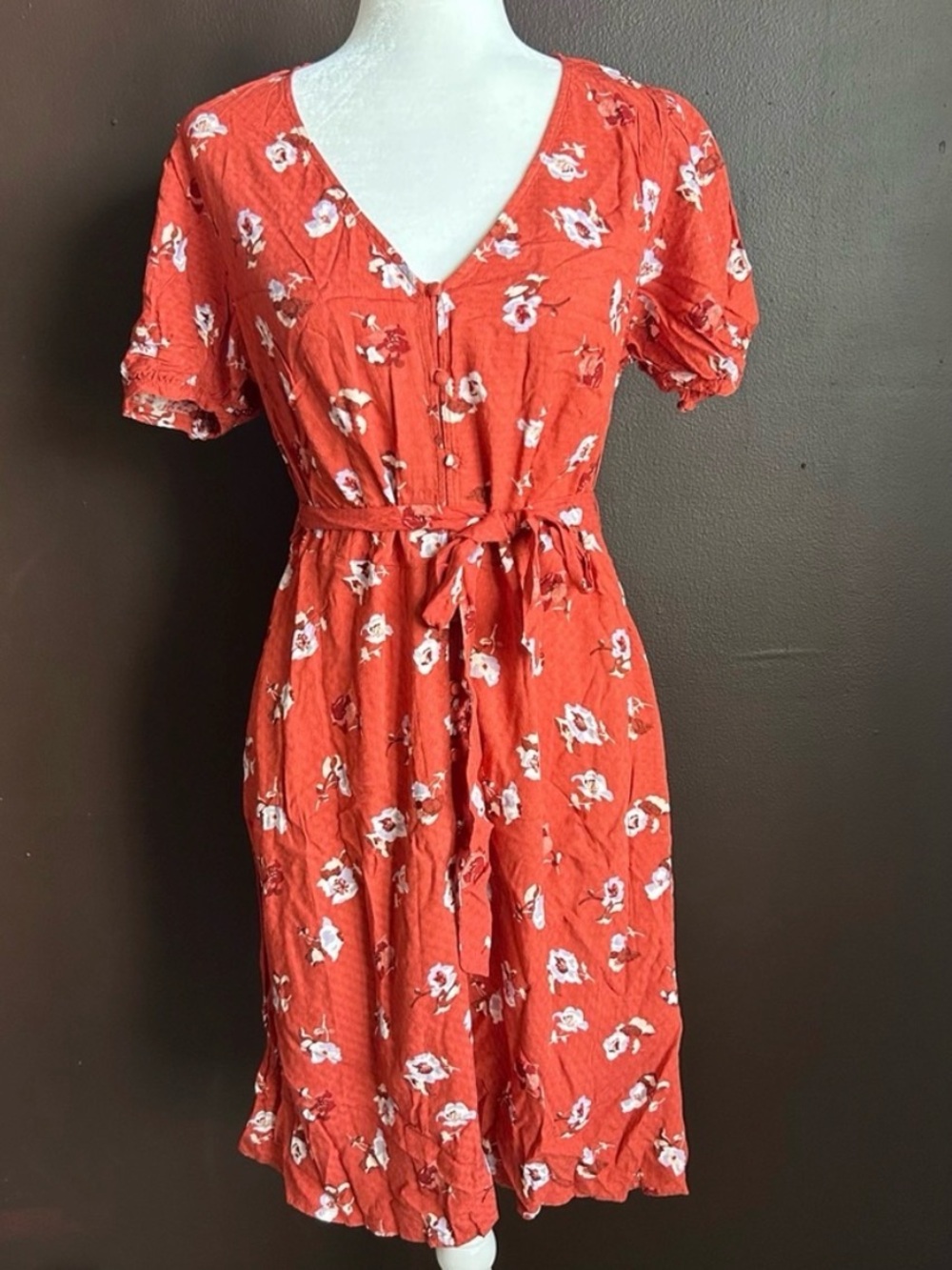 Universal Thread Rust Floral Tie-Waist Midi Dress
